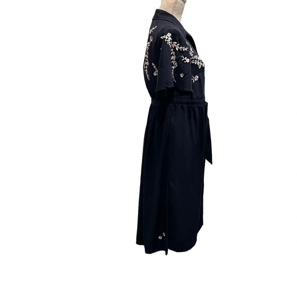 Cinq a Sept Silk Button Blue Dress Embroidered Floral Rose Pink Pockets Small 4 - Picture 4 of 16